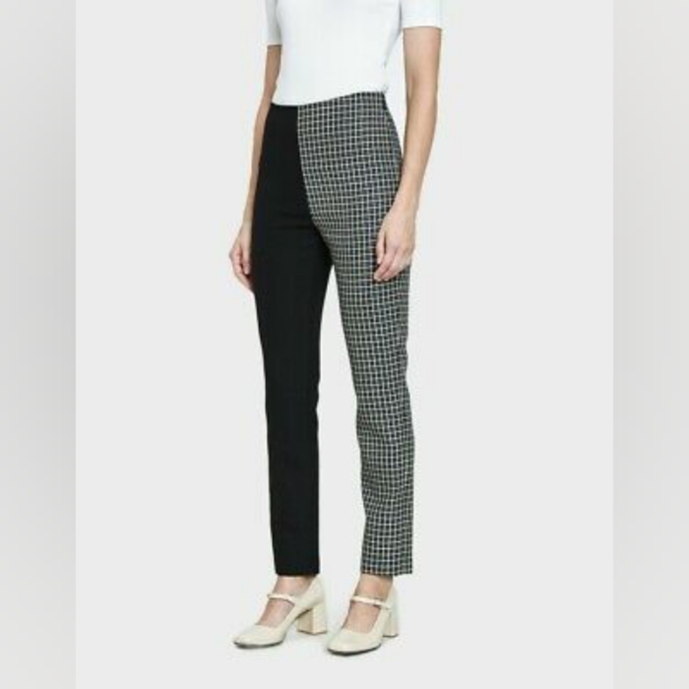 New 6 Maryam Nassir Zadeh MNZ Split Two Tone Trouser Pant Plaid Black Wool US